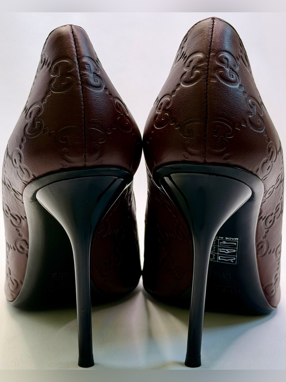 Gucci Aleppo Maroon Guccissima Embossed Leather Peep Toe Stiletto Pumps 38.5 - Picture 7 of 10